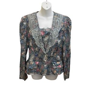 Vintage 80s Jonathan Tait Women Jacket  Size 11/12 Brocade Floral Lace